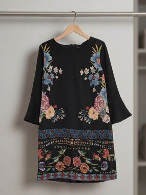 Desigual Black Floral Print Shift Dress Boho Tunic Bell Sleeve Size 36 US Small